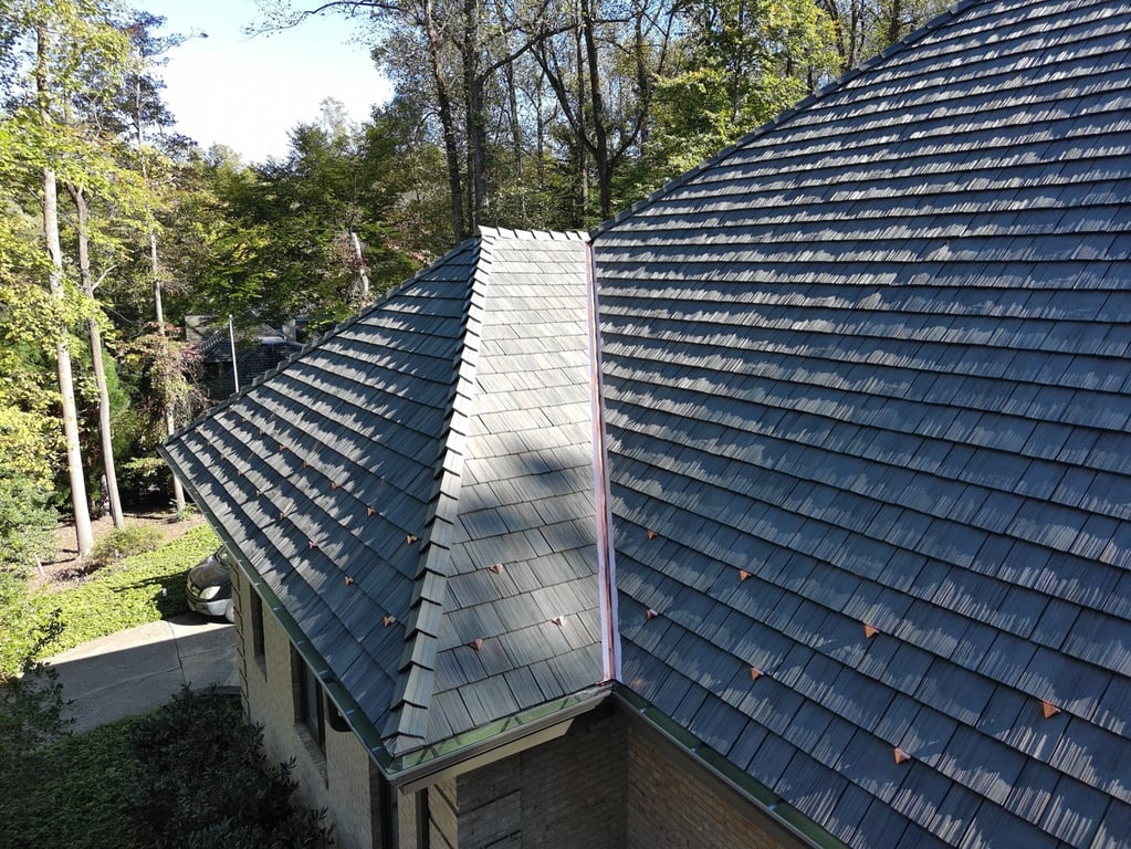 A roof of a house with trees in the background

Description automatically generated