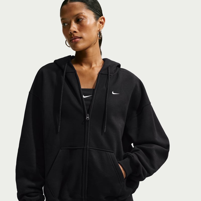 Nike Studio Fleece Medium Weight Oversized Full-Zip Hettegenser "Total Black & Sail" | Dame | Skating | 00 | SPORTSHOWROOM