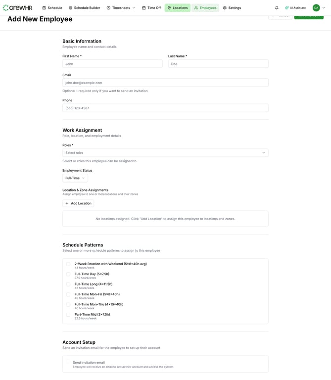 The new employee form with fields for name, email, role, and location