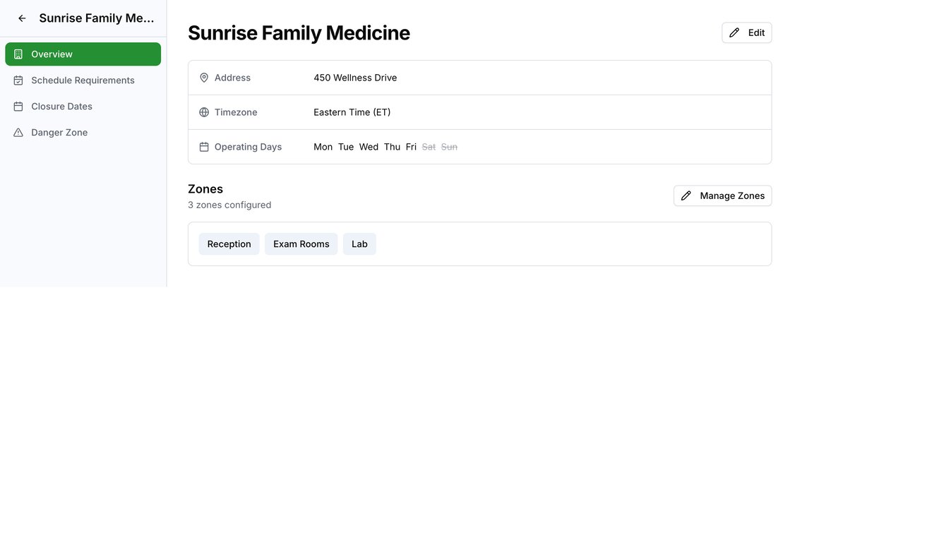 Location detail overview with zones and schedule configuration