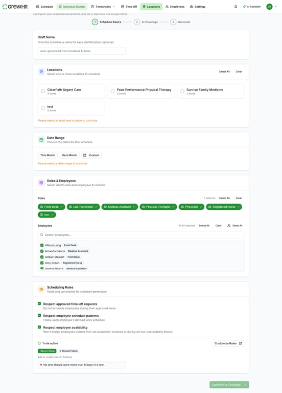 The draft creation wizard for configuring new schedules