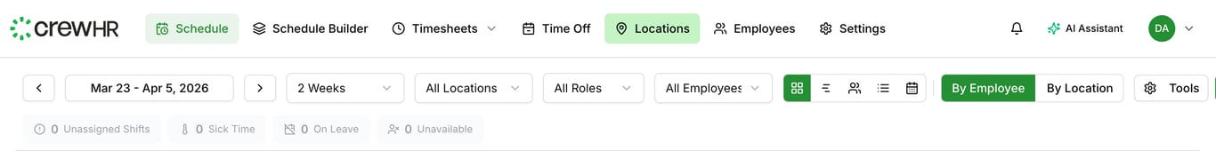 Filter bar with location, zone, role, and employee options