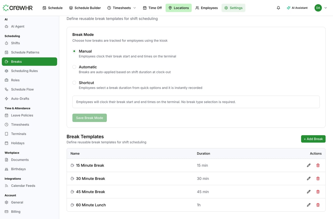 The breaks settings page with break templates and tracking modes