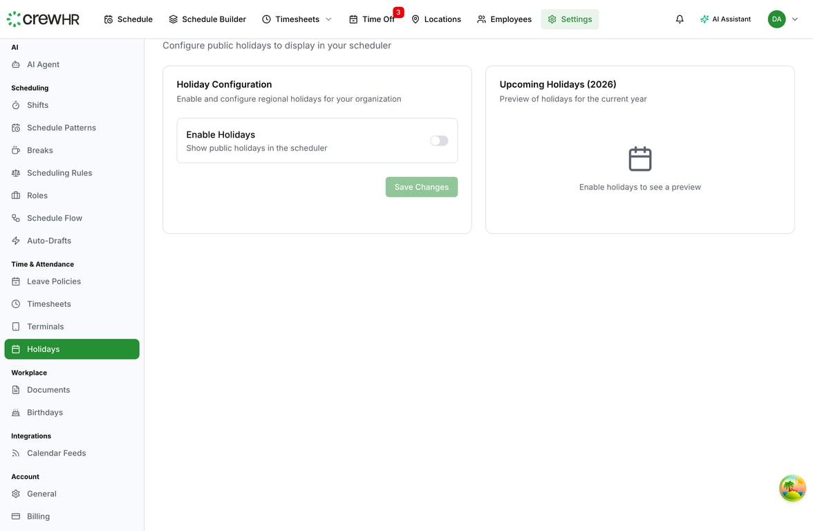 Setting Up Public Holidays