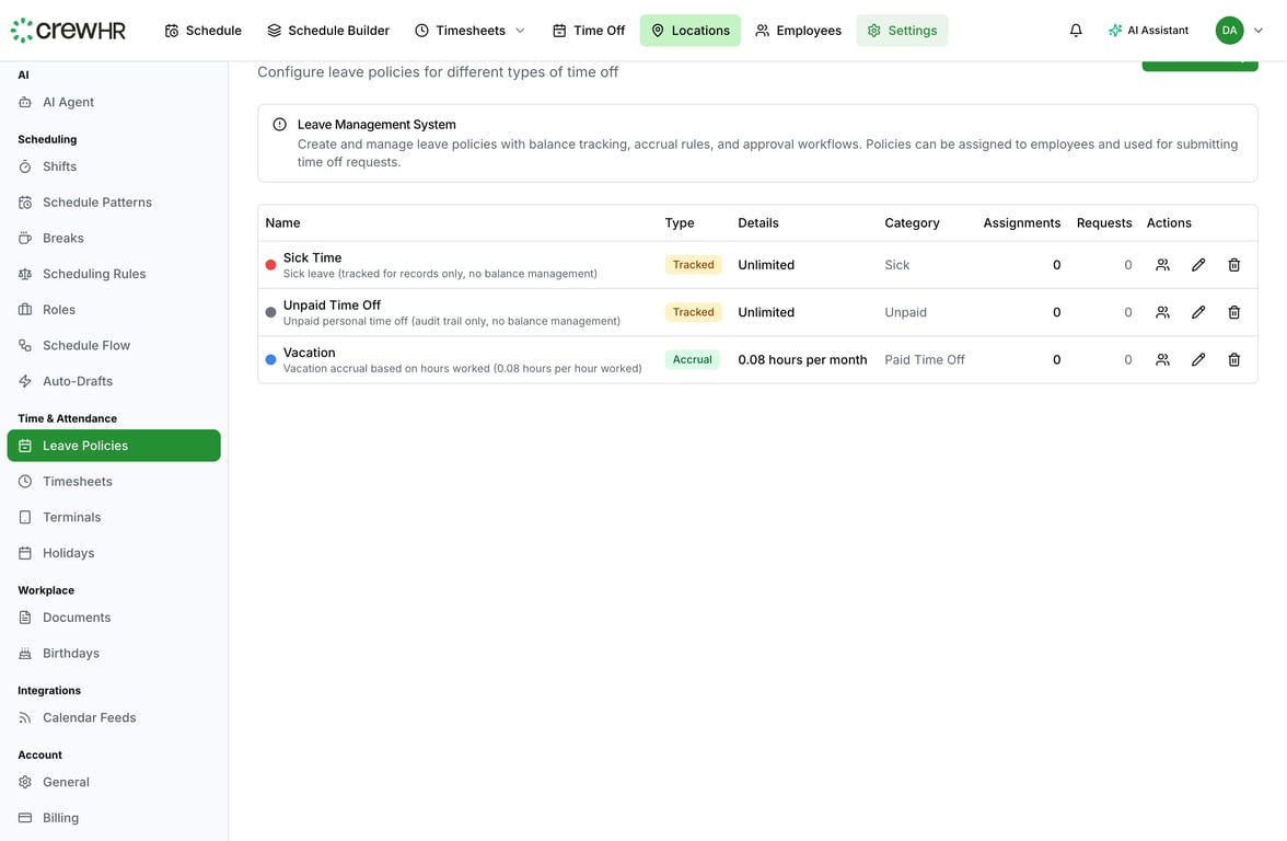 The leave policies list showing all configured time-off policies