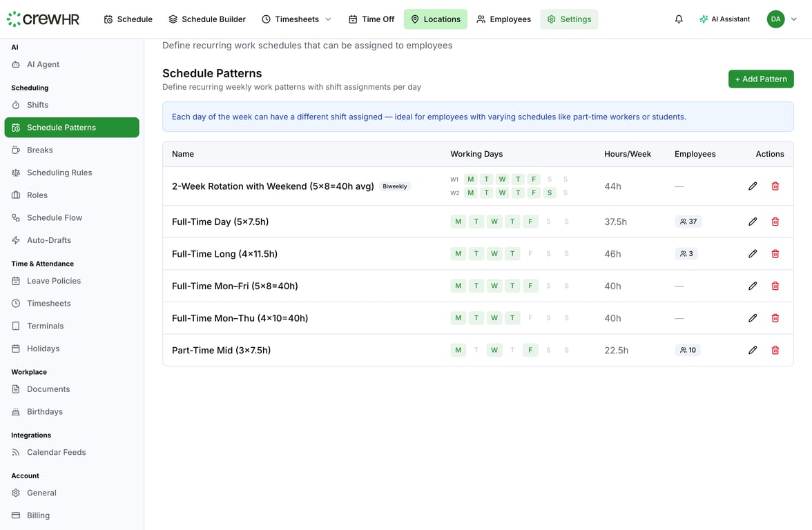 The schedule patterns list in settings