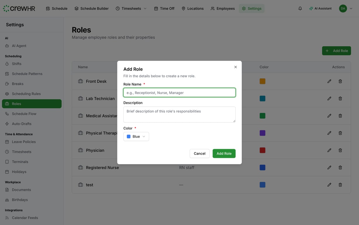 The create role dialog with name, description, and color fields