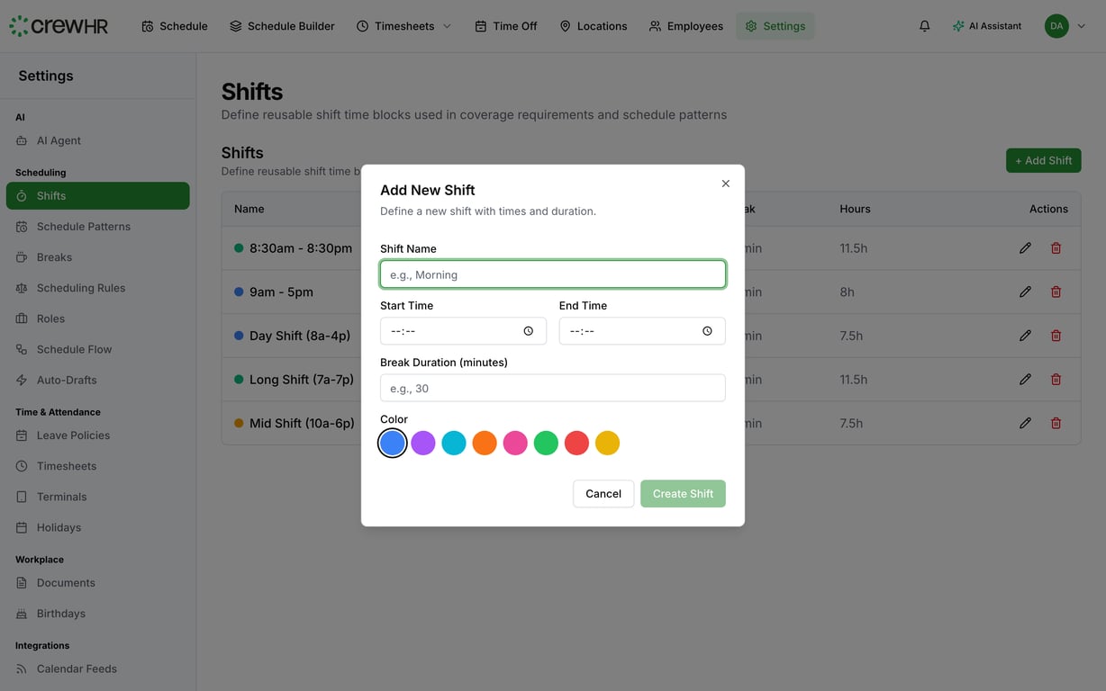 The create shift dialog with fields for name, times, and color