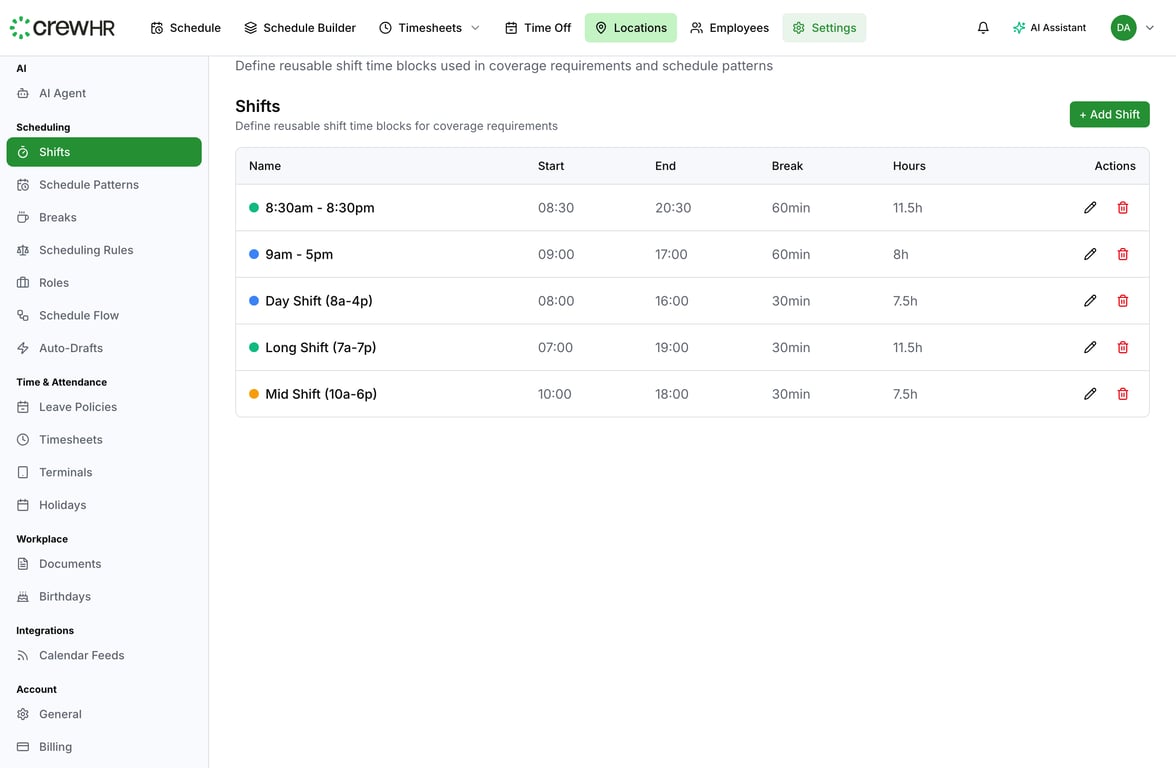 Managing Shift and Break Templates