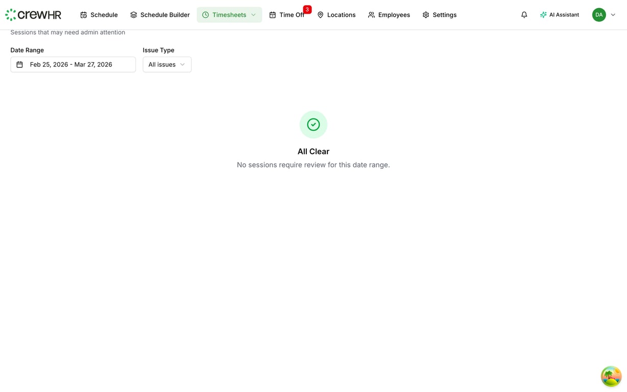 The timesheets review tab showing sessions that need attention