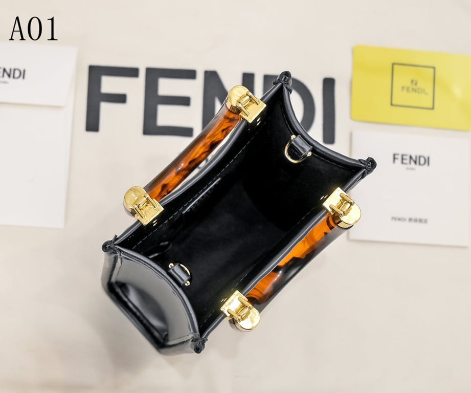 FENDI MINI SUNSHINE SHOPPER BLACK LEATHER BAG WITH FF MOTIF 18CM