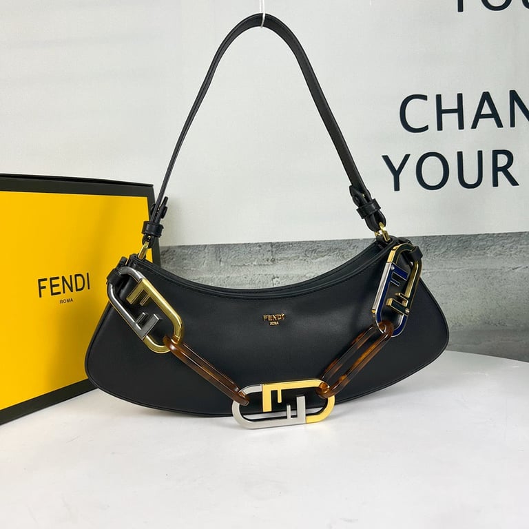 FENDI O’LOCK SWING MINT BLACK LEATHER CLUTCH