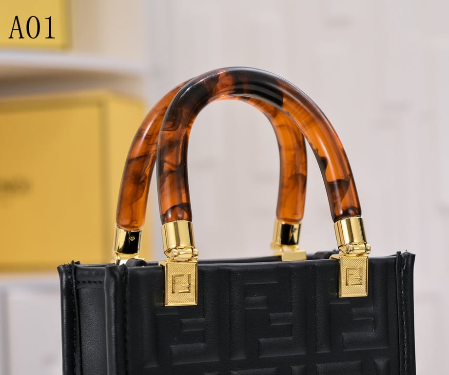 FENDI MINI SUNSHINE SHOPPER BLACK LEATHER BAG WITH FF MOTIF 18CM