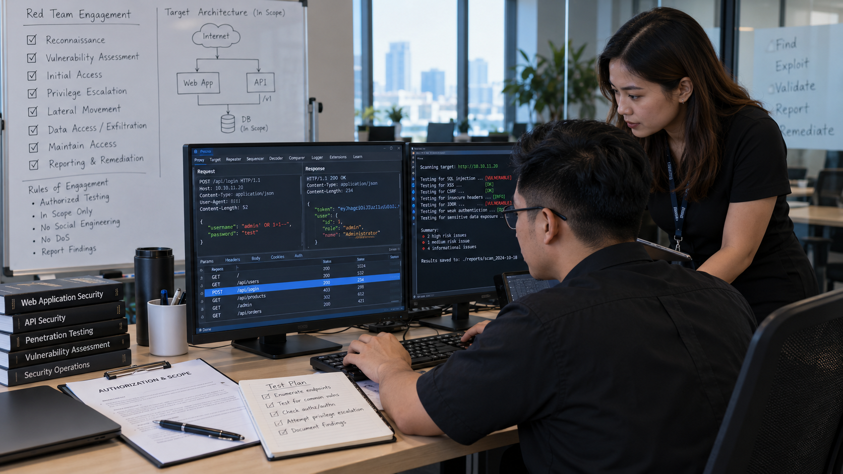Cybersecurity specialists conducting penetration testing and reviewing web application vulnerabilities on dual monitors.