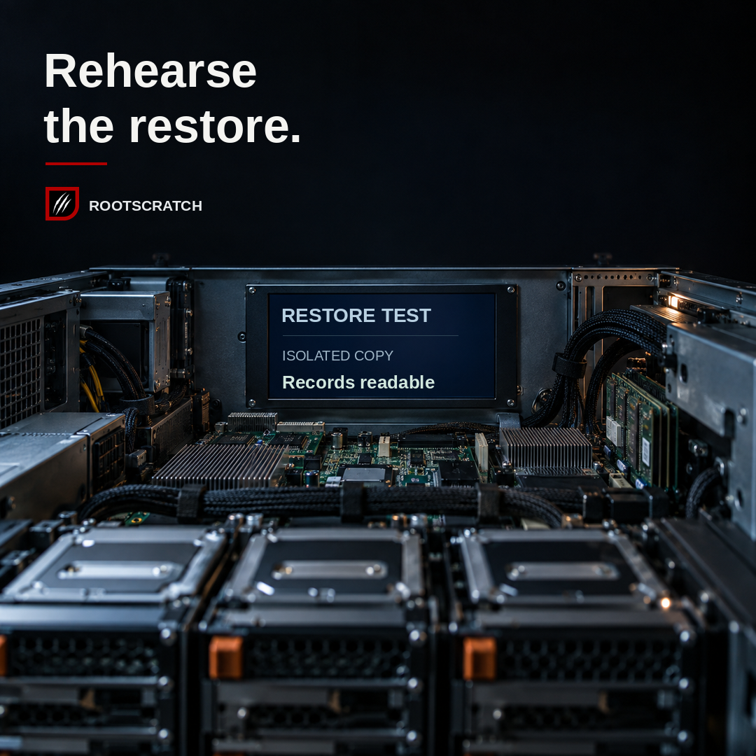 Illustrative open storage server with a built-in screen showing RESTORE TEST, ISOLATED COPY and Records readable, below the headline Rehearse the restore. and Rootscratch branding.