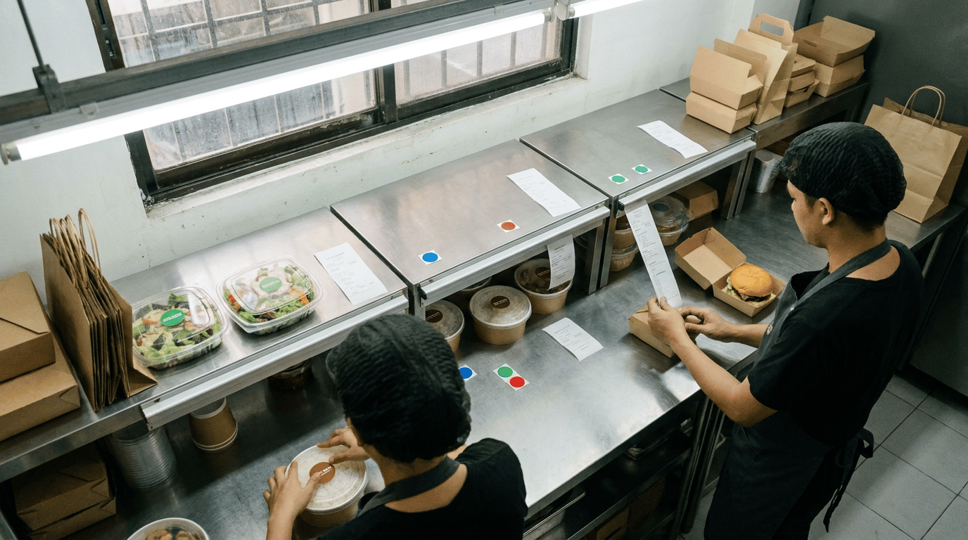 Kitchen staff preparing and packing delivery meals for multiple food brands in a shared cloud kitchen.