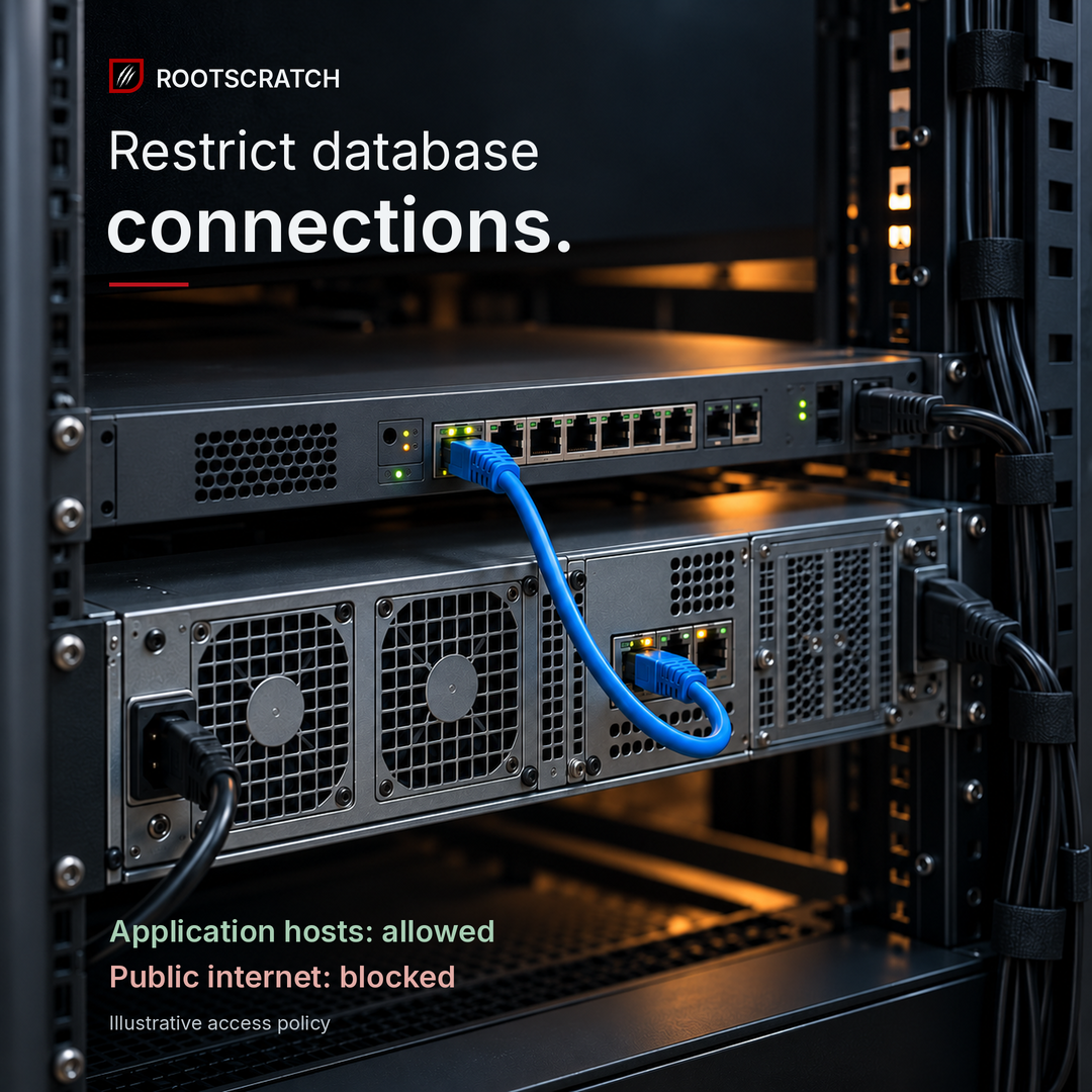 Illustrative rack-mounted network appliance and server linked by a blue cable. Labels show application hosts allowed and public internet blocked. Headline: Restrict database connections. Rootscratch branding above.