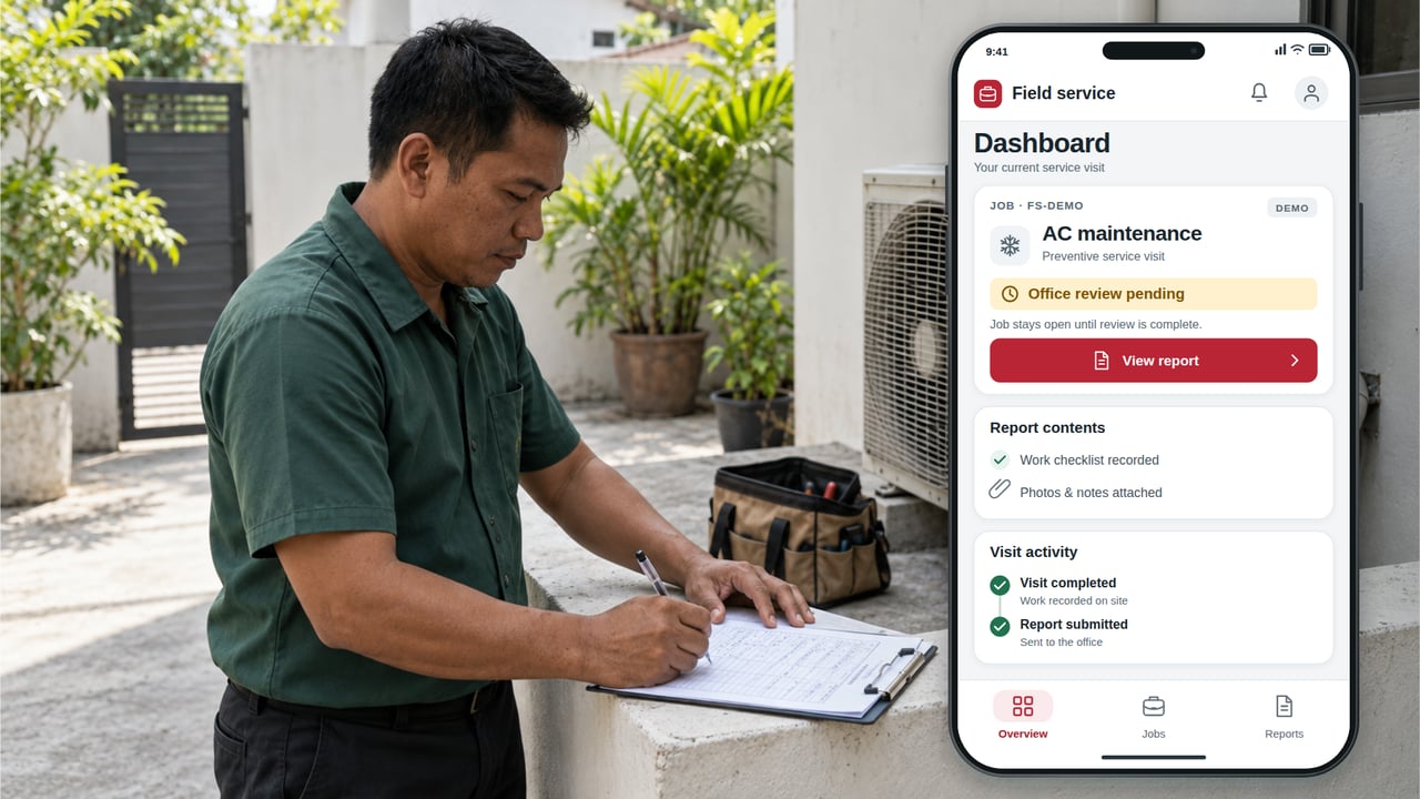 AI-generated technician scene with a conceptual field service app dashboard showing a completed visit, submitted report and office review pending.
