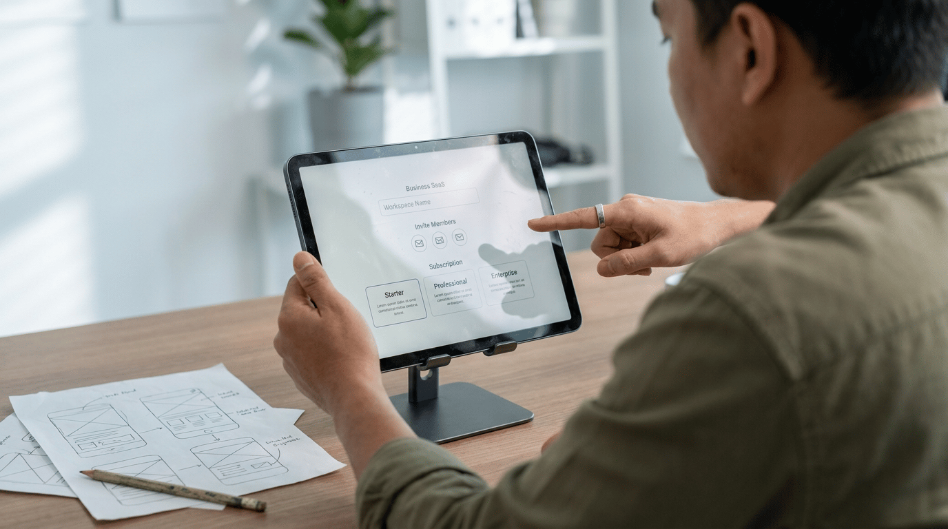 Product tester reviewing a SaaS onboarding interface on a tablet in a software development studio.