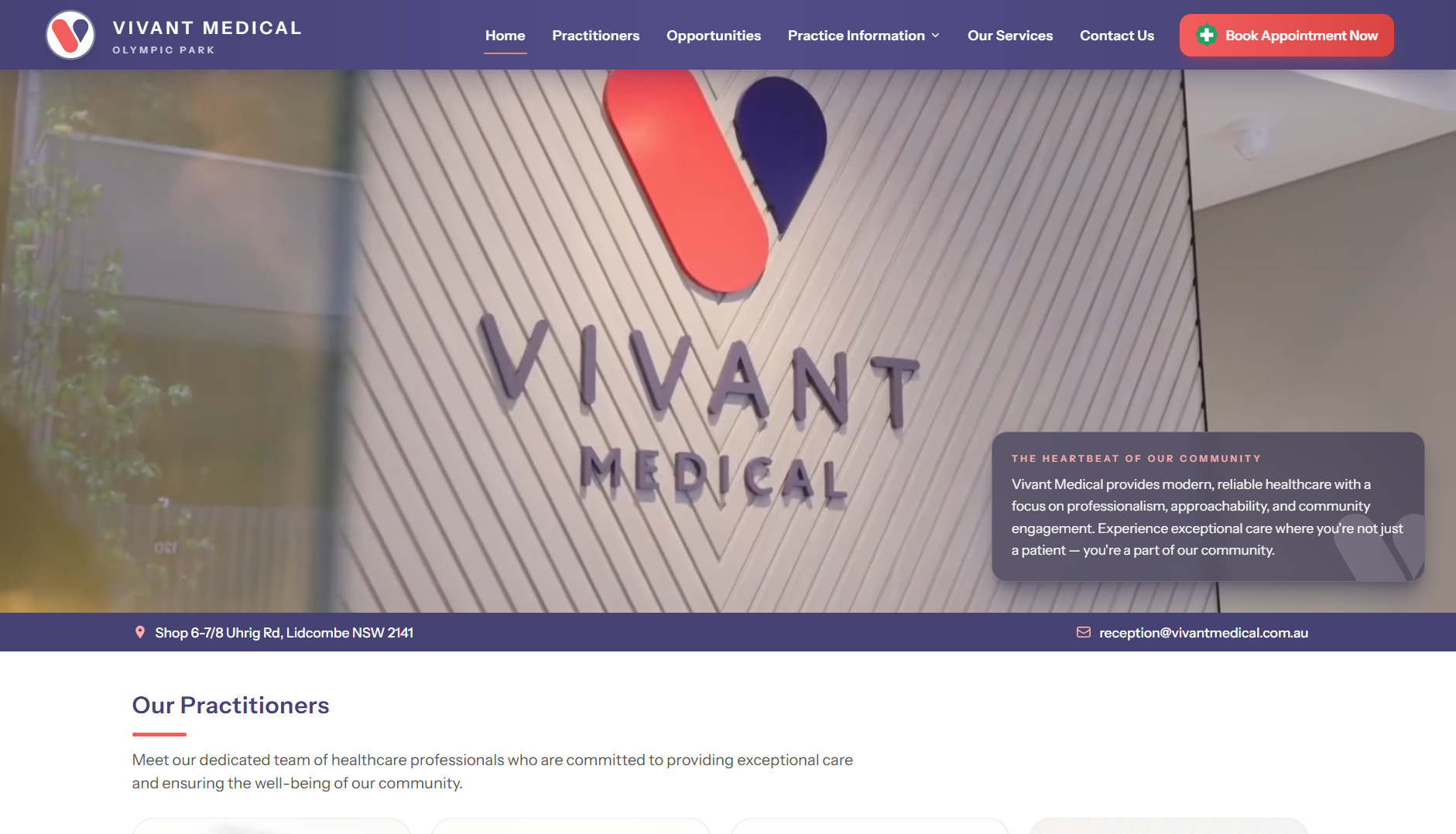 Vivant Medical homepage with the practice sign, navigation, and introductory panel.