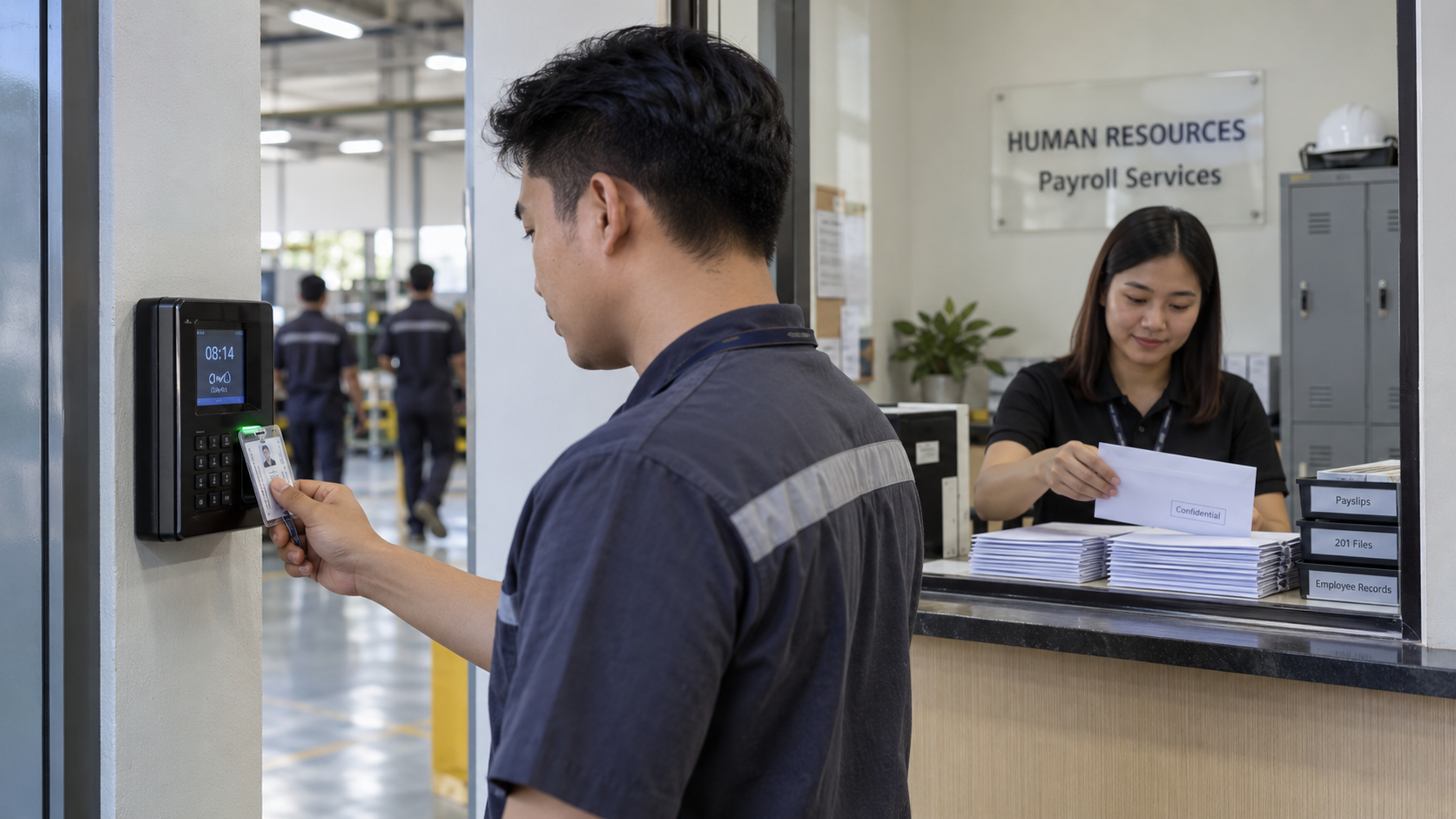 Employee tapping an ID card at a time clock beside an HR and payroll counter.