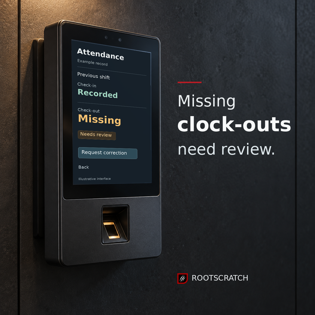 Illustrative wall-mounted attendance terminal with fingerprint reader shows Check-in: Recorded, Check-out: Missing and Needs review, with a Request correction button. Headline: Missing clock-outs need review.