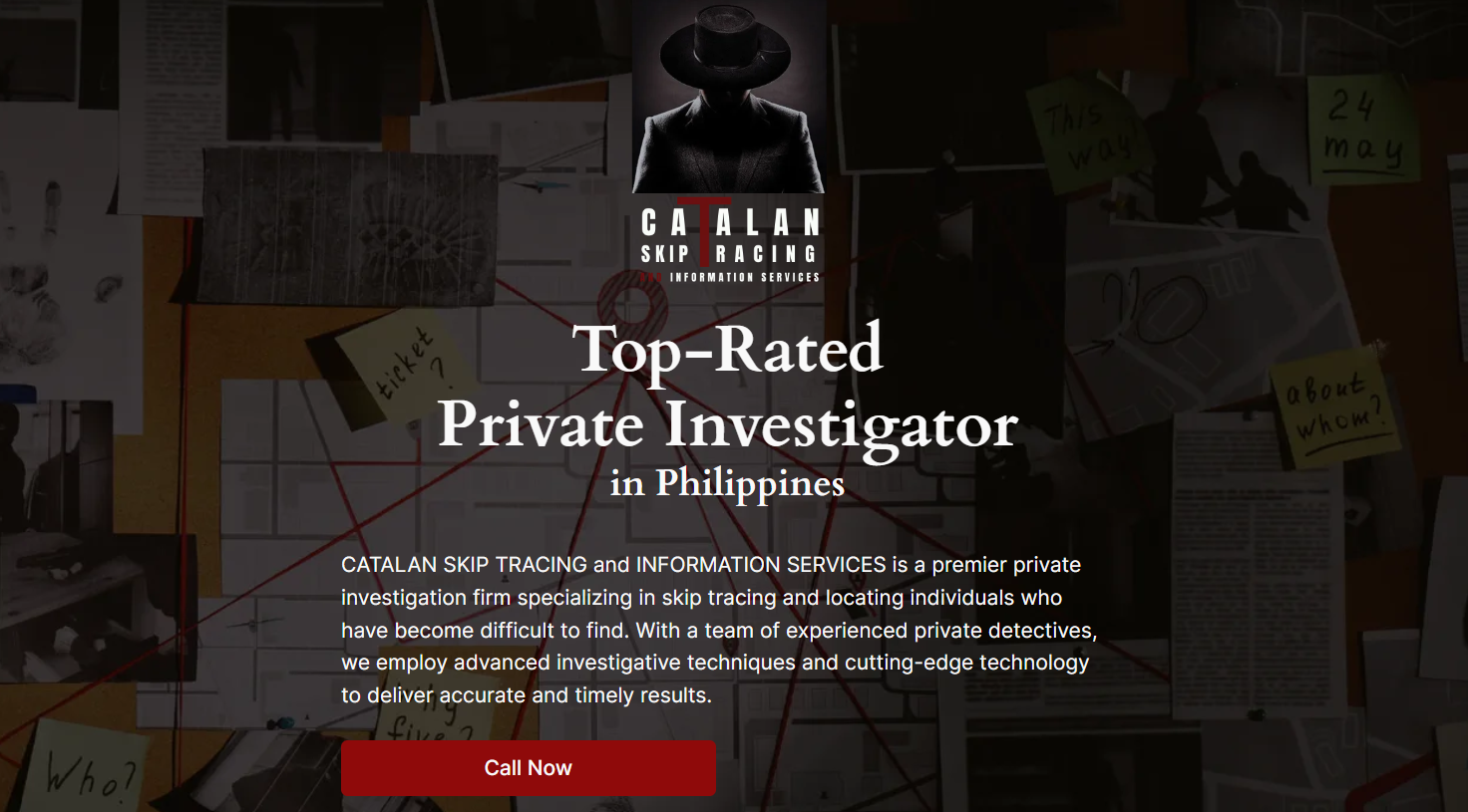 Private-investigation landing page with an investigator silhouette over an evidence-board background.