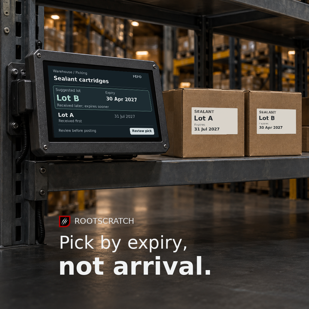 Warehouse terminal illustrating expiry-based picking: later-received Lot B is suggested before Lot A. Two labeled cartons and the headline 'Pick by expiry, not arrival.' Rootscratch branding.