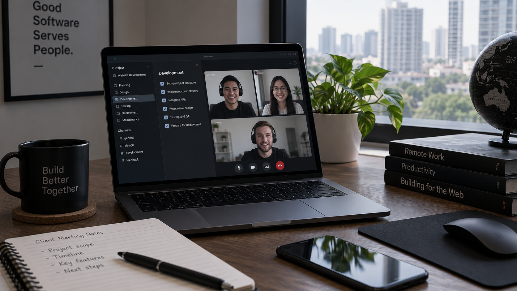 Laptop video call beside a website development checklist for a remote project.