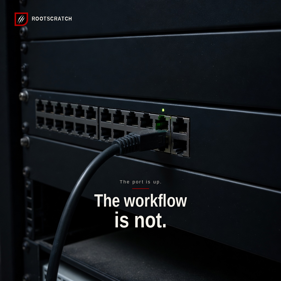A rack-mounted server and network switch with one ethernet cable seated and a green link light on that port. No people.