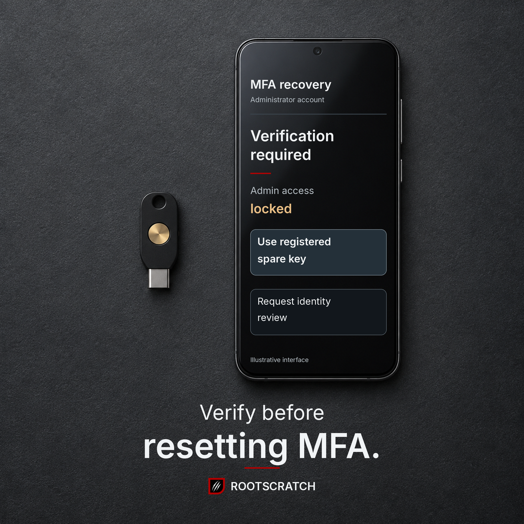 Illustrative phone recovery screen says Verification required and Admin access locked, beside a spare security key. Headline: Verify before resetting MFA. Rootscratch branding below.