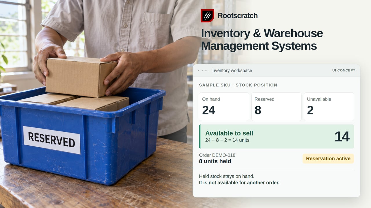 Generated warehouse scene with a reserved stock bin and illustrative inventory UI separating 24 on hand, 8 reserved, 2 unavailable and 14 available to sell.