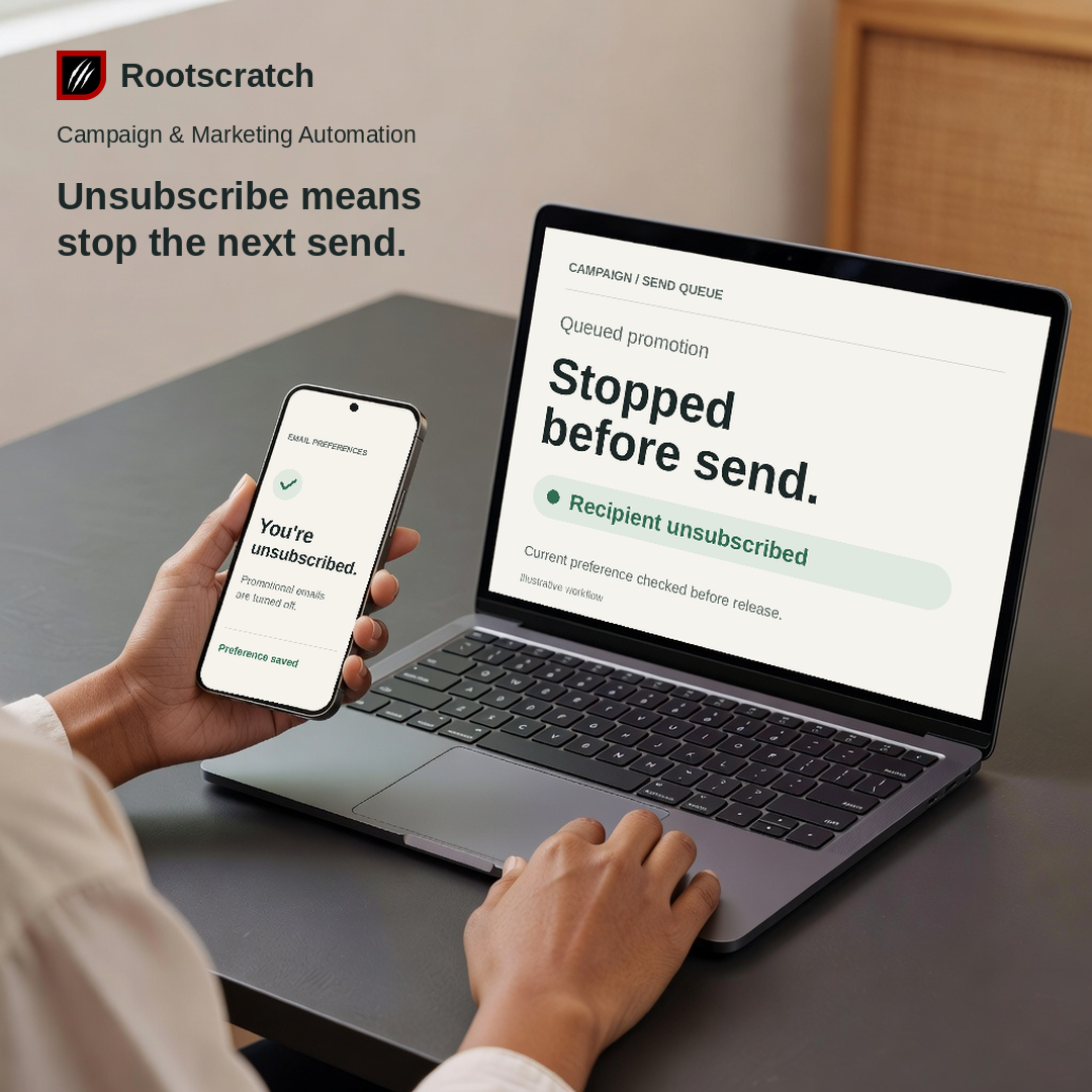 Close-up of a person holding a smartphone beside a modern laptop. The phone reads You're unsubscribed; the laptop shows a queued promotion stopped before send because the recipient unsubscribed.
