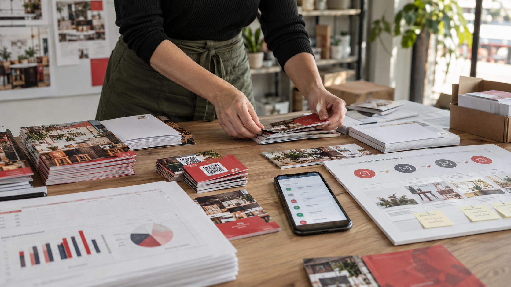 Staff member arranging printed marketing materials beside a campaign workflow sheet and a smartphone.