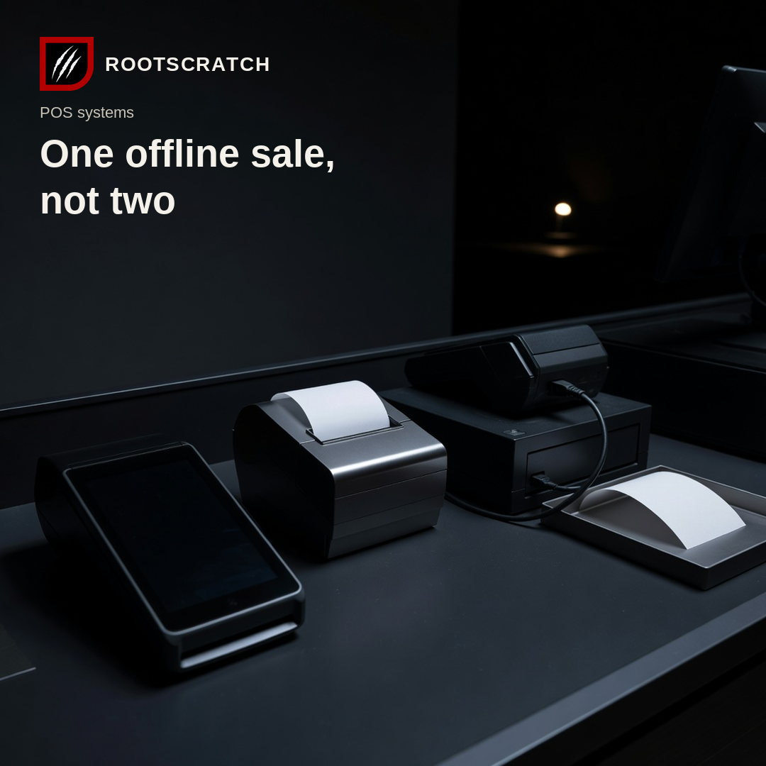 Dark retail counter with a card terminal, receipt printer and a blank receipt in a tray. No people. Rootscratch logo and the headline: One offline sale, not two.