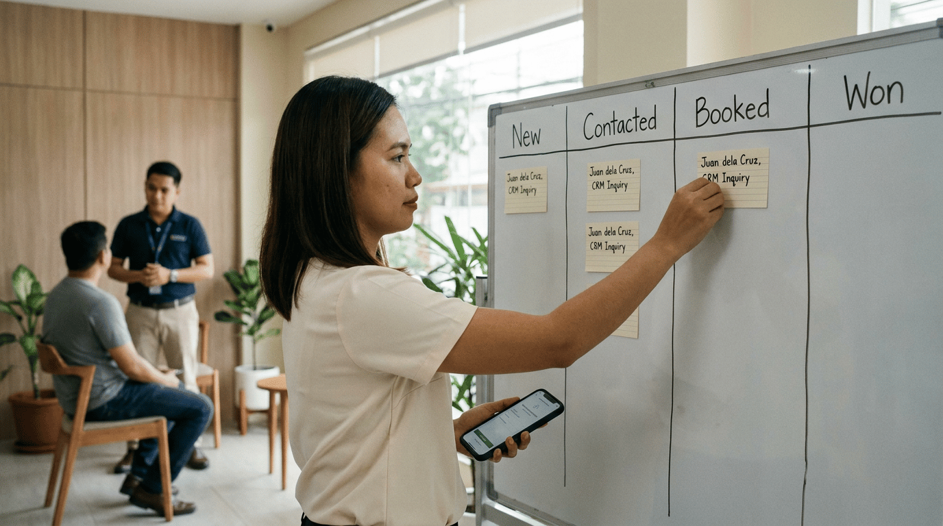 Sales coordinator moving a lead card on a workflow board while checking an appointment confirmation on a smartphone.