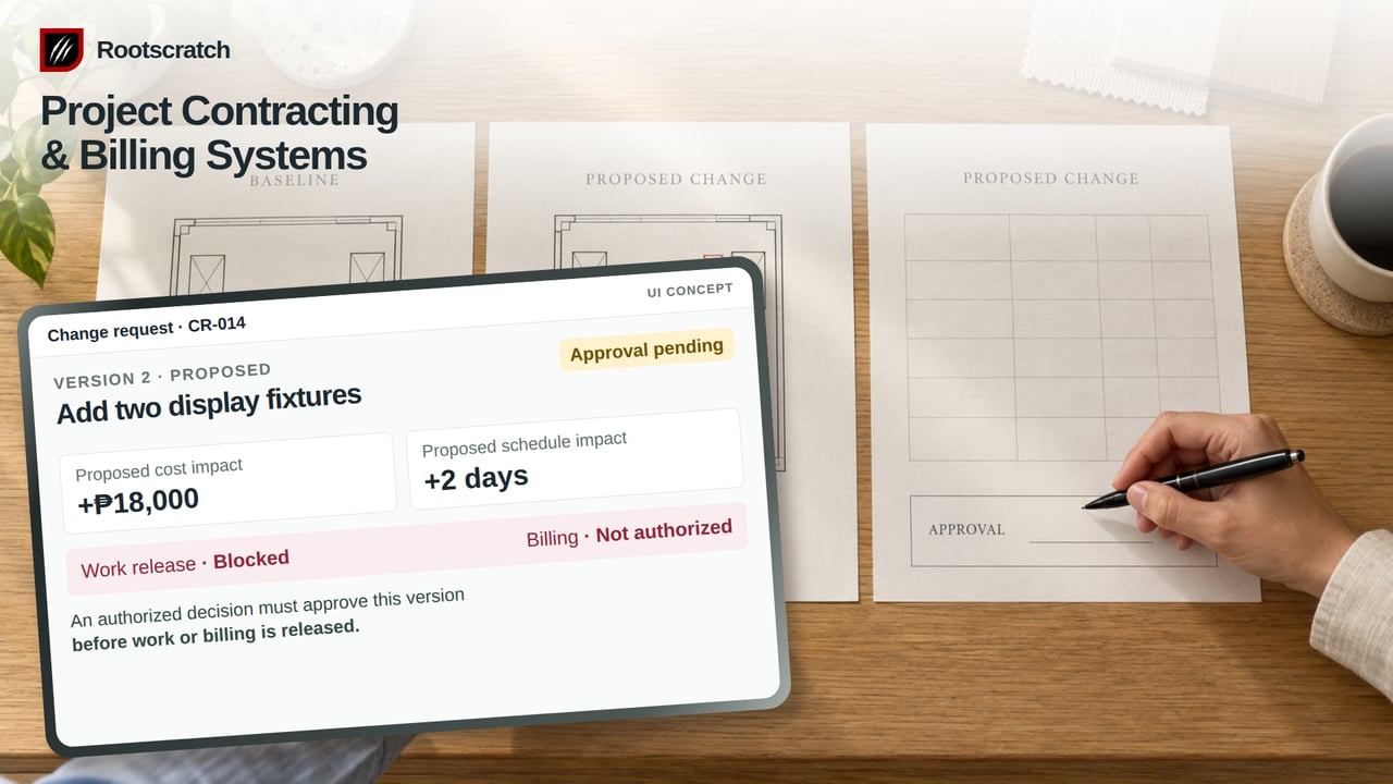 Generated drawing-review scene with illustrative change-request UI showing approval pending, work release blocked and billing not authorized.