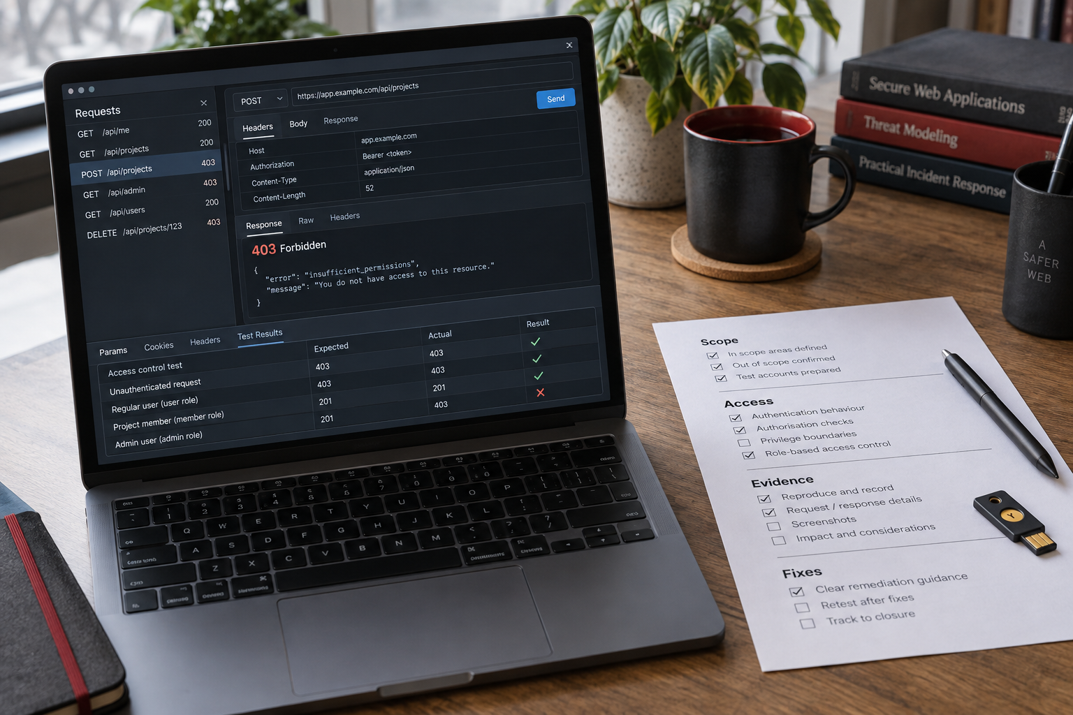 Illustrative security-review workspace with a request inspector, access tests and a scope checklist.