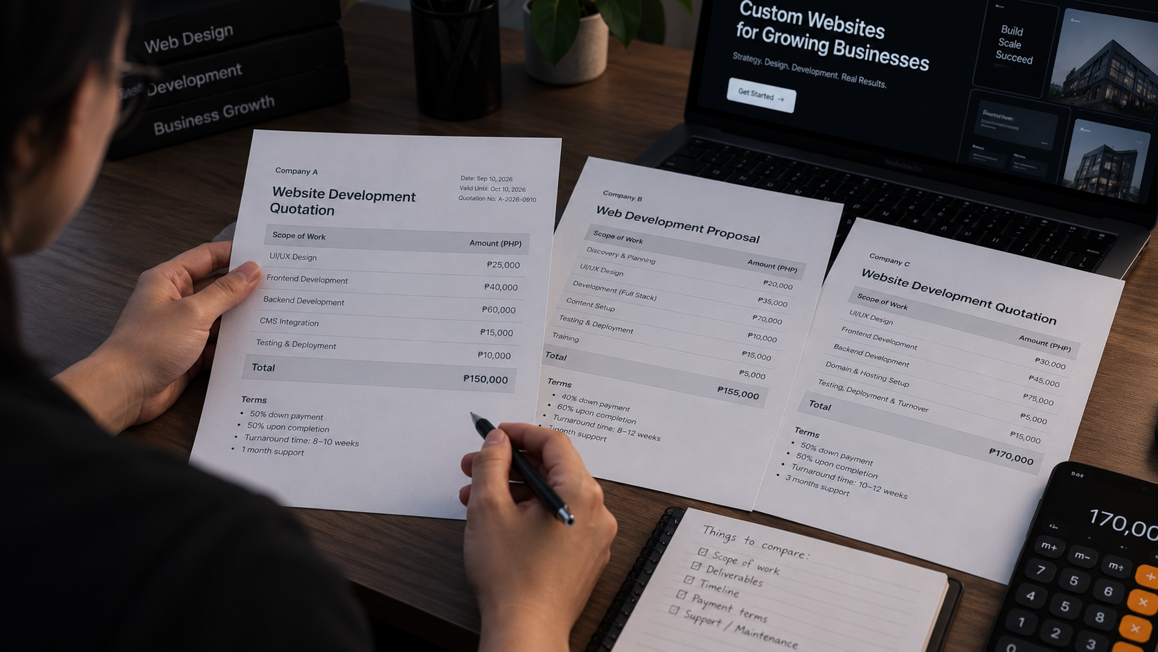Person comparing three website development quotations beside a checklist and laptop.