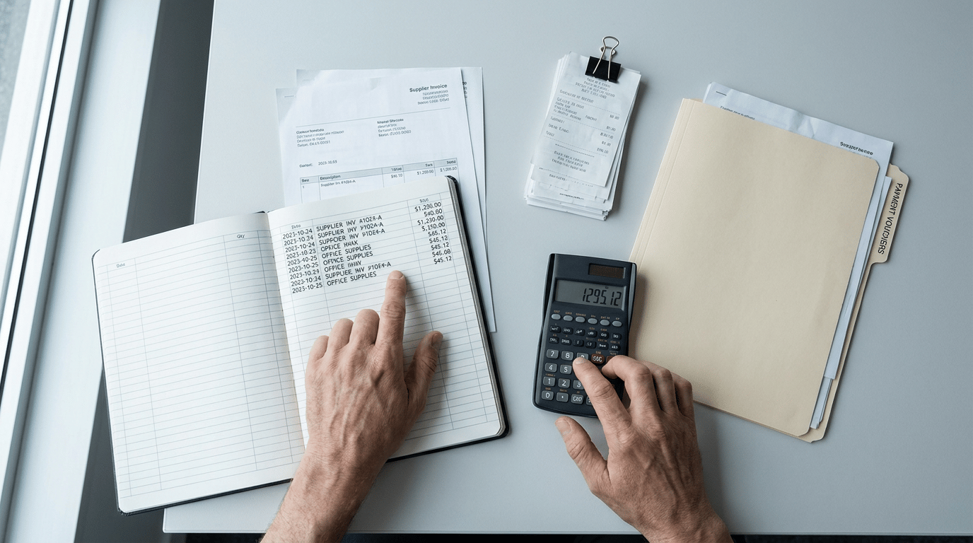 Accountant reconciling invoices, receipts, and ledger entries with a calculator on a clean office desk.
