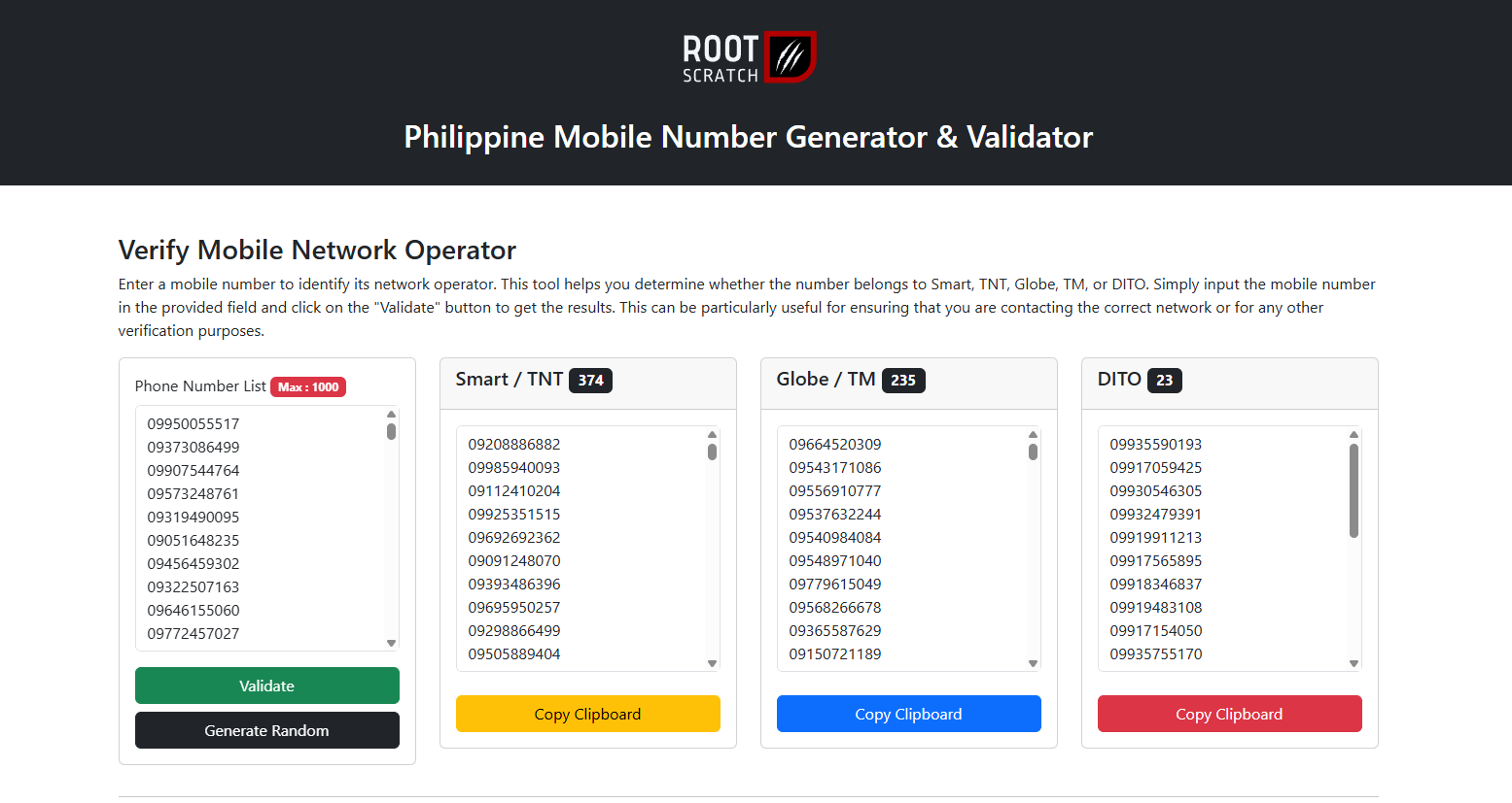 Philippine mobile number validator listing sample numbers by Smart or TNT, Globe or TM, and DITO.