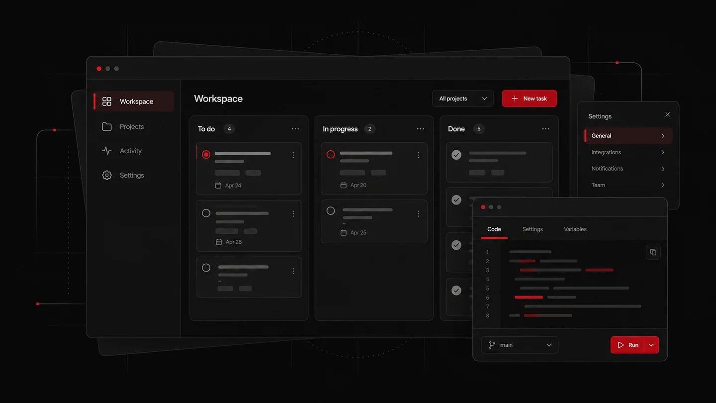 Conceptual custom web application with project board, settings, and code panels.