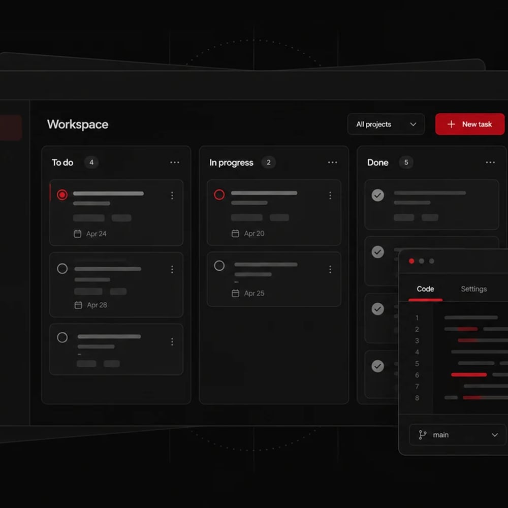 Conceptual custom web application with project board, settings, and code panels.