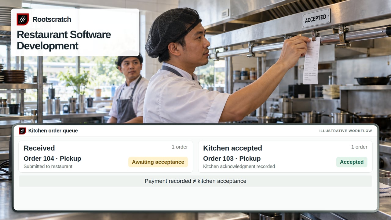Generated restaurant kitchen scene and illustrative order queue distinguishing a received order from a kitchen-accepted order.
