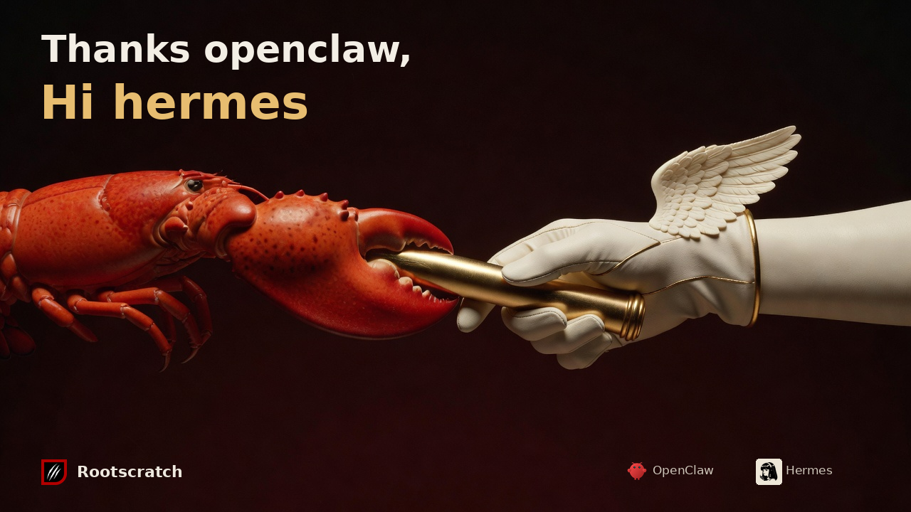 AI-generated illustration of a red lobster claw passing a gold baton to a winged messenger, with the title Thanks openclaw, Hi hermes.
