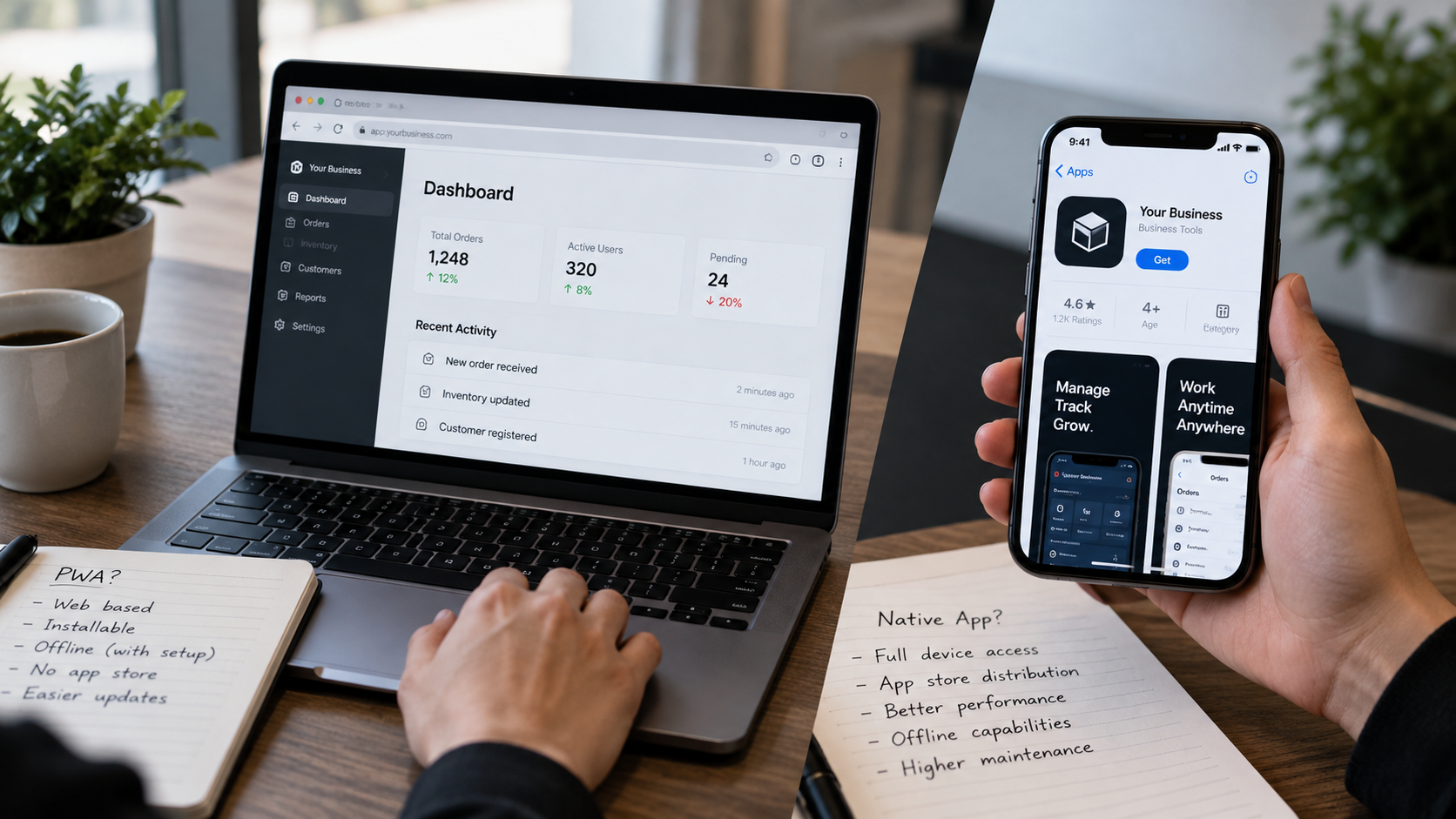 Web dashboard on a laptop beside a phone app listing and notes about native app requirements.