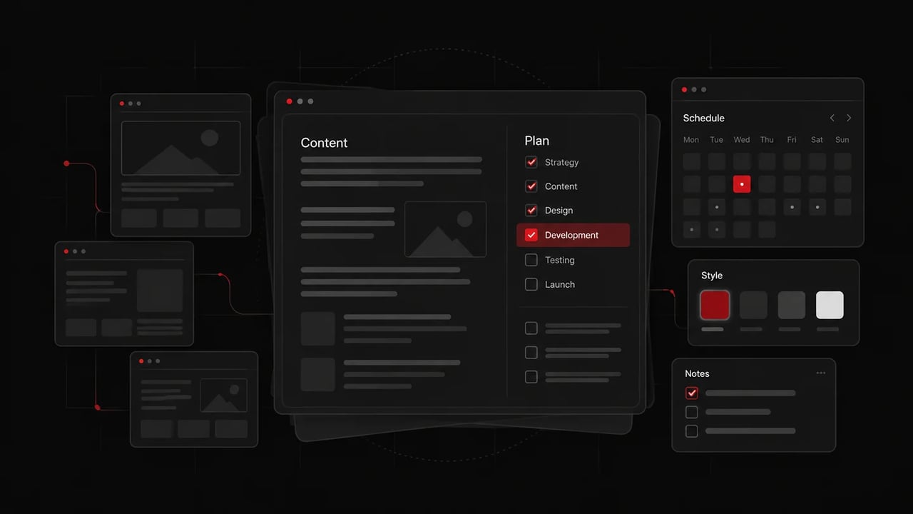 Website planning workspace with a content outline, project checklist, page wireframes, calendar, and red-accented style palette.