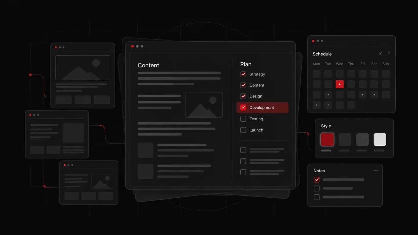 Website planning workspace with a content outline, project checklist, page wireframes, calendar, and red-accented style palette.