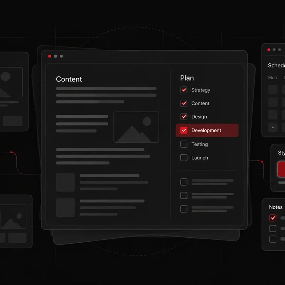 Website planning workspace with a content outline, project checklist, page wireframes, calendar, and red-accented style palette.