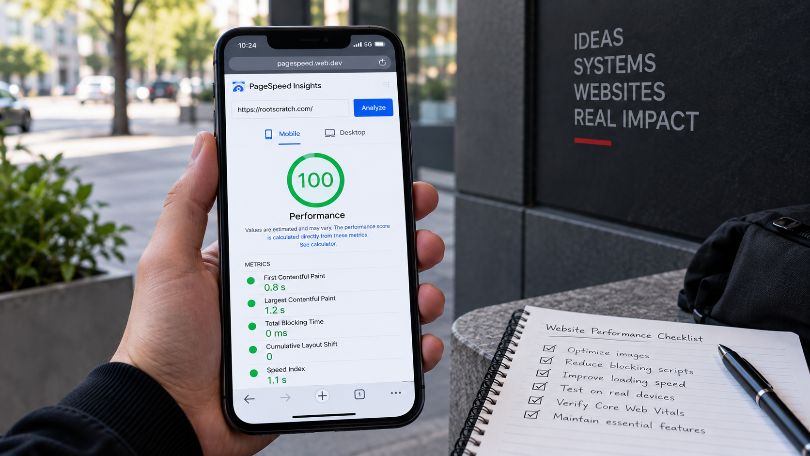 Phone showing a mobile PageSpeed Insights report beside a website performance checklist.
